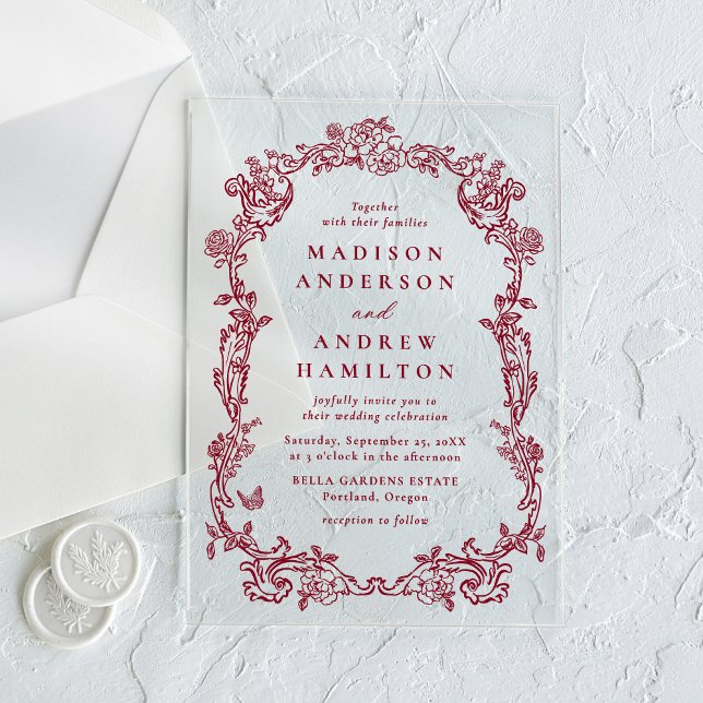 Invitations En Acrylique Elegant Burgundy Victorian Floral Frame Wedding (Créateur téléchargé)