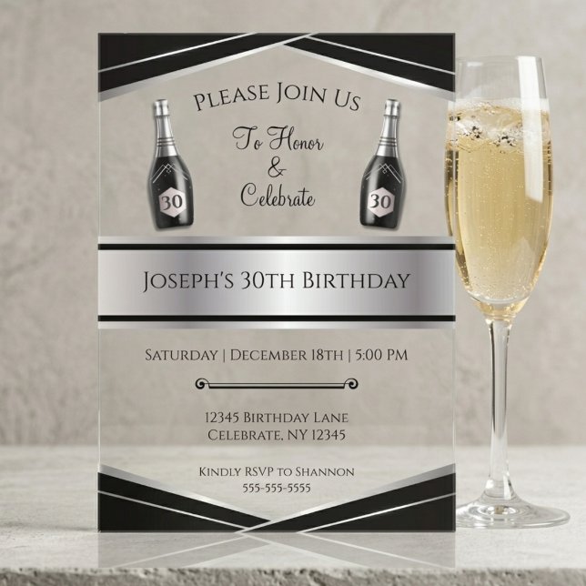 Invitations En Acrylique Élégant Cadeau pour ses 30 ans pour Lui Noir et Ar (Sophisticated Masculine 30th Birthday Acrylic Invite with Silver Art Deco & Black Details.)