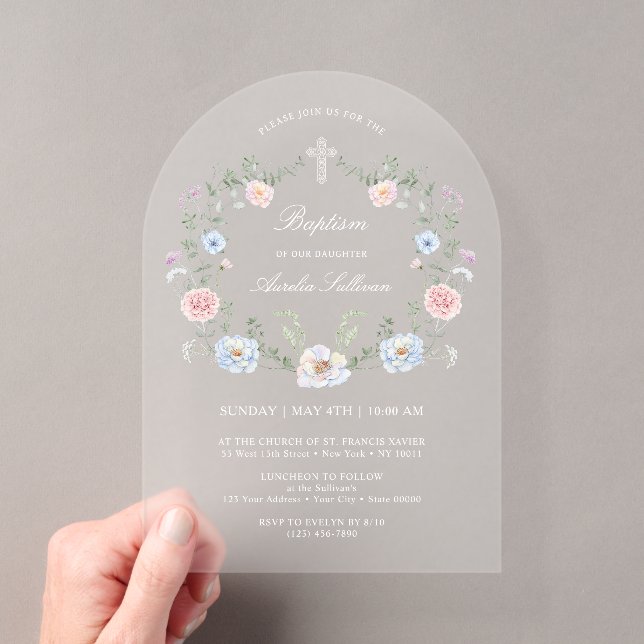 Invitations En Acrylique Élégant cadre floral Baptême (In situ (ordinateur de poche))