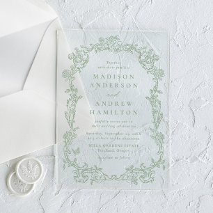 Invitations En Acrylique Élégant cadre floral victorien vert sauge pour mar