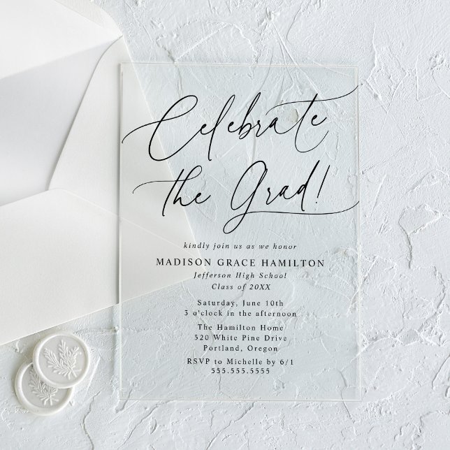 Invitations En Acrylique Elégant Célébrer la Grad Black Script Grad (Créateur téléchargé)