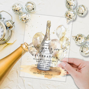 Invitations En Acrylique Élégant Champagne et Ballons du Nouvel An