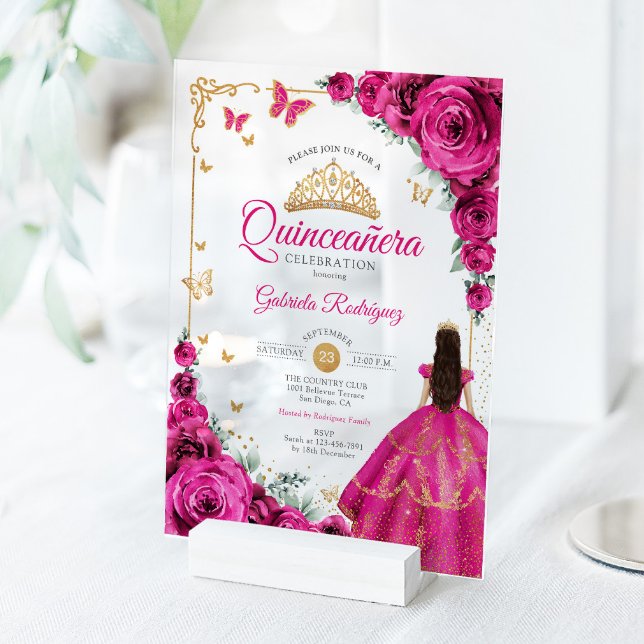 Invitations En Acrylique Elegant Chic Fuchsia Pink Roses Gold Quinceanera  (Créateur téléchargé)