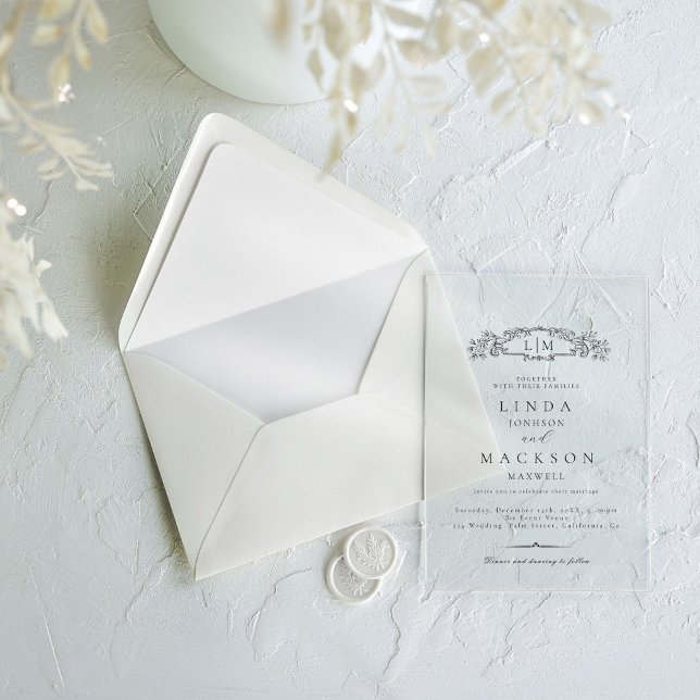 Invitations En Acrylique Élégant & Chic mariage monogramme de crête botaniq (Créateur téléchargé)
