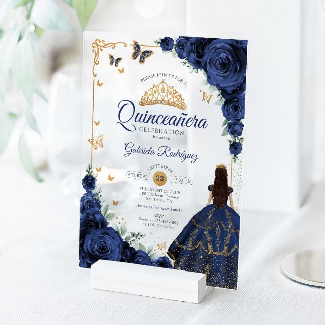 Invitations En Acrylique Elegant Chic Navy Roses Gold Quinceanera  (Créateur téléchargé)