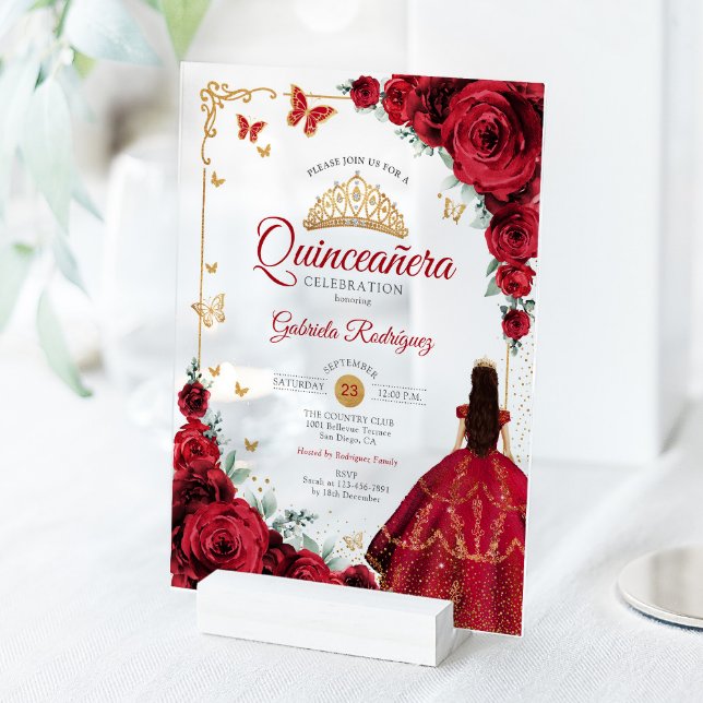 Invitations En Acrylique Elegant Chic Red Roses Gold Quinceanera  (Créateur téléchargé)