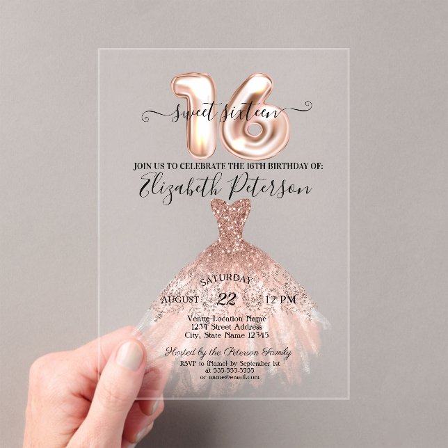 Invitations En Acrylique Élégant Chic Rose Gold Robe Confetti Sweet 16 (In situ (ordinateur de poche))