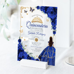 Invitations En Acrylique Élégant Chic Roses Bleu Royal Or Quinceanera 