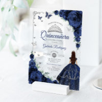 Élégant Chic Roses Navy Fête des Quinze Ans Argent