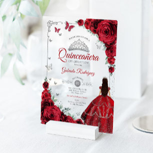 Invitations En Acrylique Élégant Chic Roses rouges Quinceanera argentée