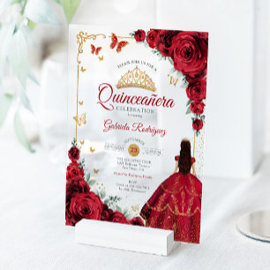 Invitations En Acrylique Élégant Chic Roses Rouges Quinceanera Or 
