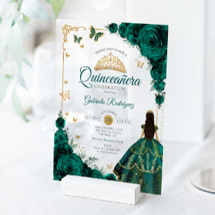 Invitations En Acrylique Élégant Chic Roses Vert Émeraude Quinceanera Or