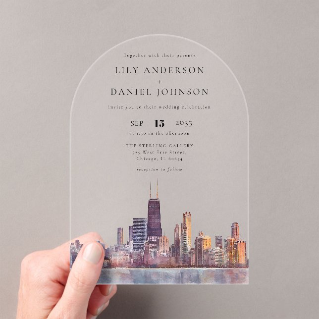 Invitations En Acrylique Elegant Chicago Skyline Watercolor Wedding Arch (In situ (ordinateur de poche))