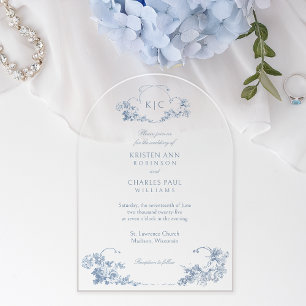 Invitations En Acrylique Élégant classique Dusty Bleu Français Floral