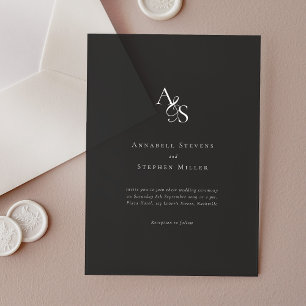 Invitations En Acrylique Élégant, Classique, Monogramme, Mariage gris foncé