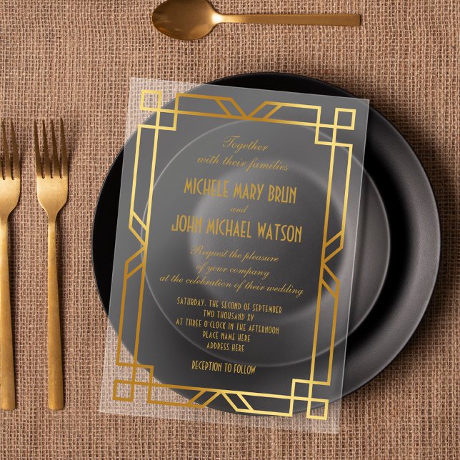 Invitations En Acrylique Élégant Classy Transparent Art Déco Gold Mariage (Créateur téléchargé)