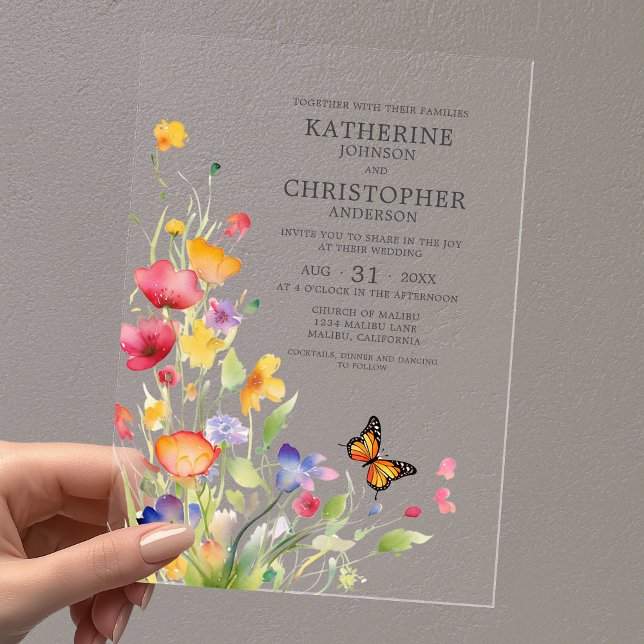 Invitations En Acrylique Elegant Colorful Wildflowers Butterfly Wedding (Elegant Colorful Wildflowers Butterfly Wedding Clear Acrylic Invitation with Couple Names in Gray.)