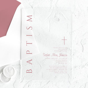 Invitations En Acrylique Élégant culte Croix rose fille Baptême