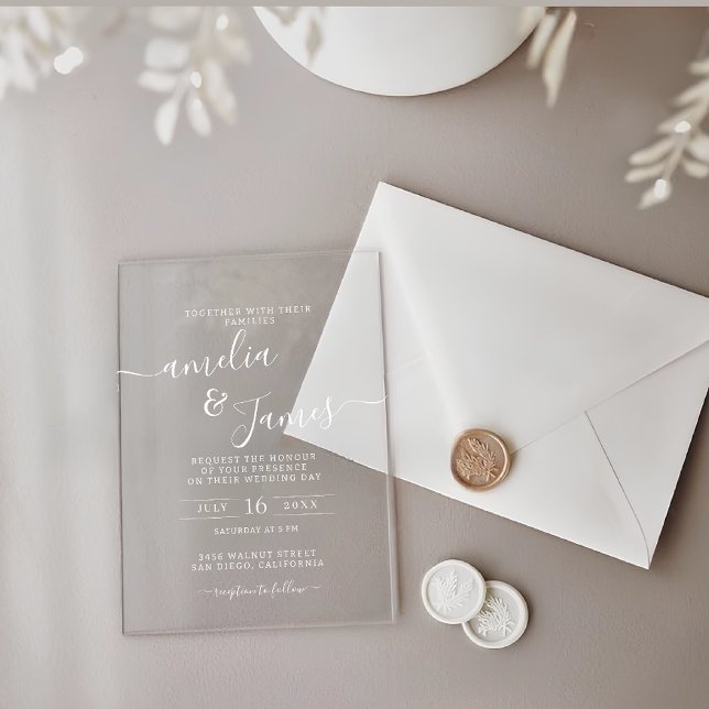 Invitations En Acrylique Elégant design de script transparent mariage moder (Créateur téléchargé)