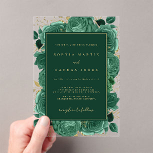 Invitations En Acrylique Élégant Emerald Gold Rose Mariage clair