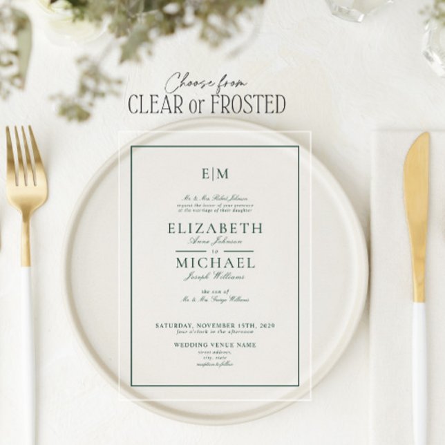 Invitations En Acrylique Élégant Emerald Green Classic Mariage (Créateur téléchargé)