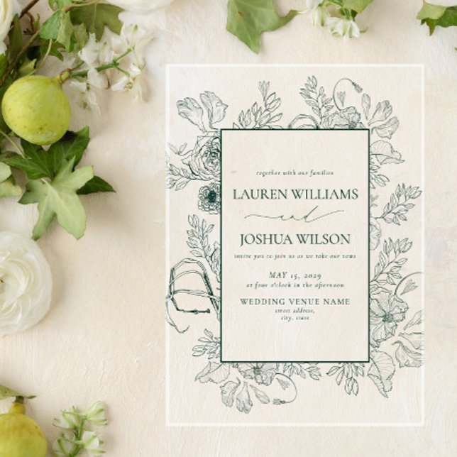 Invitations En Acrylique Élégant Emerald Green Floral Line Art Mariage (Créateur téléchargé)