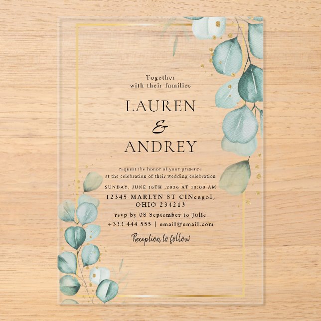 Invitations En Acrylique Elegant Eucalyptus Gold Frame Wedding (Recto)