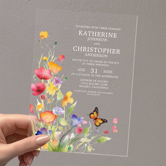 Invitations En Acrylique Élégant Fleur sauvage coloré   papillon Mariage (Elegant Colorful Wildflowers Butterfly Clear Acrylic Wedding Invitation with Couple First Last Names)
