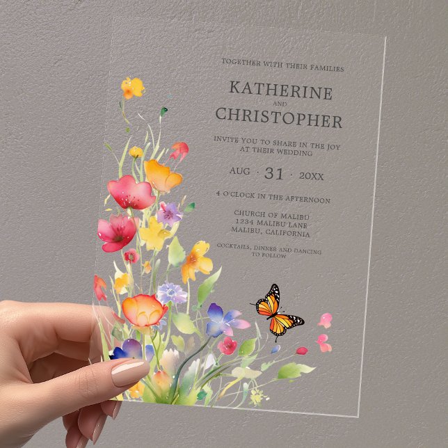 Invitations En Acrylique Élégant Fleur sauvage coloré   papillon Mariage (Elegant Colorful Wildflowers Butterfly Wedding Acrylic Invitation with Pink, Orange, Yellow Flowers.)