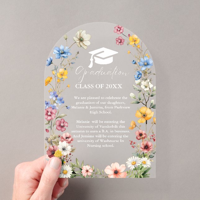 Invitations En Acrylique Élégant Fleur sauvage Meadow Garden Twin Graduatio (In situ (ordinateur de poche))