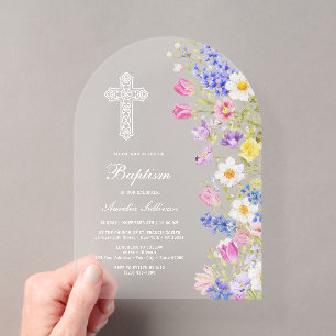 Invitations En Acrylique Élégant Fleurs de Prairie Fraîches Arche Baptême