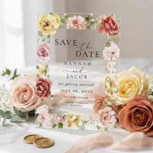 Invitations En Acrylique Élégant Floral Bleu Rose et Jaune Photo Mariage