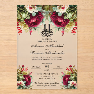 Invitations En Acrylique Élégant Floral Bourgogne Rose Mariage islamique