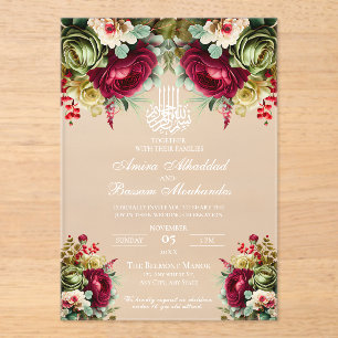 Invitations En Acrylique Élégant Floral Bourgogne Roses 2 Mariage islamique