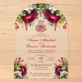 Invitations En Acrylique Élégant Floral Bourgogne Roses 3 Mariage islamique