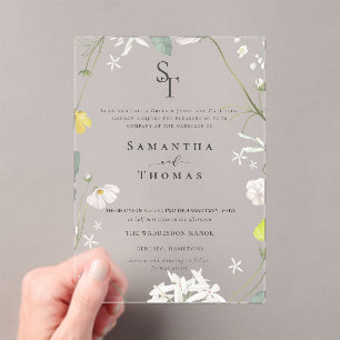 Invitations En Acrylique Élégant floral minimaliste Initiales Mariage
