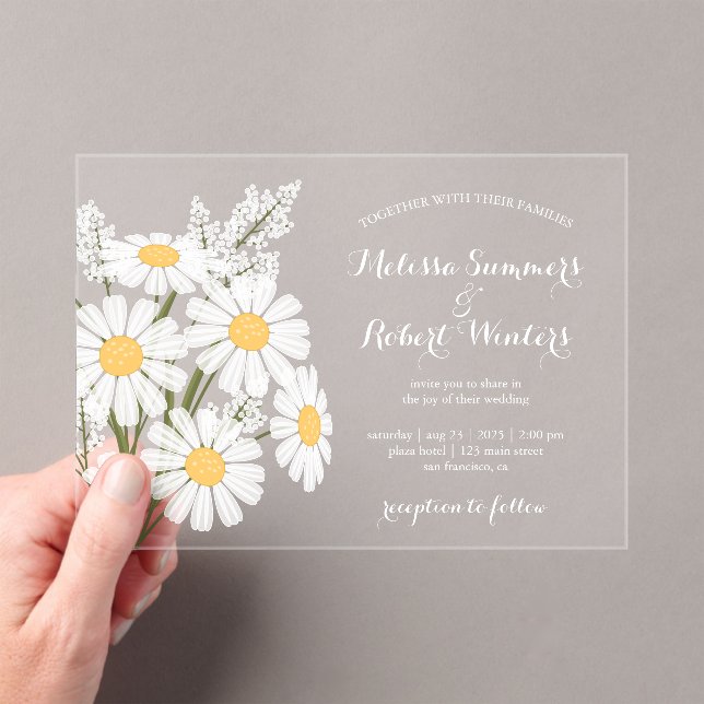 Invitations En Acrylique Elegant Floral White Daisies Bouquet Wedding (In situ (ordinateur de poche))
