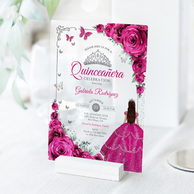 Invitations En Acrylique Elegant Fuchsia Pink Roses Silver Quinceanera  (Créateur téléchargé)