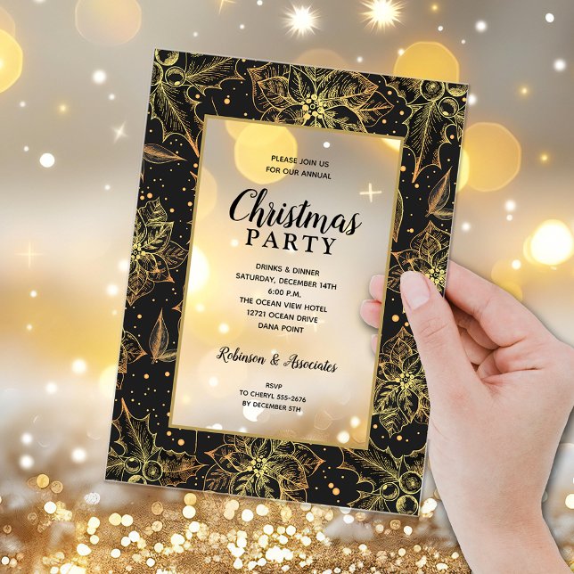 Invitations En Acrylique Elegant Gold and Black Floral Christmas Party (Elegant gold poinsettias and holly on black Christmas party ACRYLIC invitations)