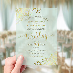Invitations En Acrylique Élégant Gold Calligraphy Mint Green Mariage