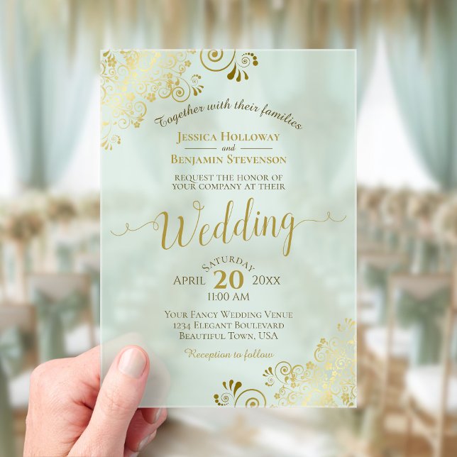 Invitations En Acrylique Élégant Gold Calligraphy Mint Green Mariage (Créateur téléchargé)