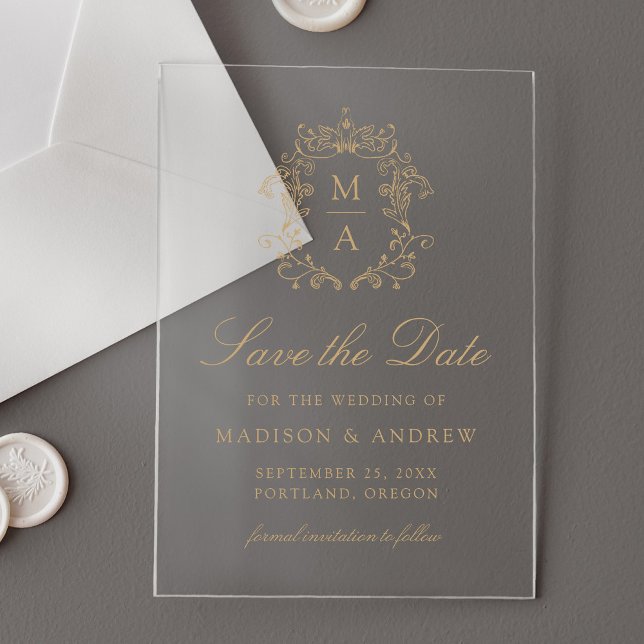 Invitations En Acrylique Elegant Gold Chinoiserie Mariage Enregistrer la da (Créateur téléchargé)