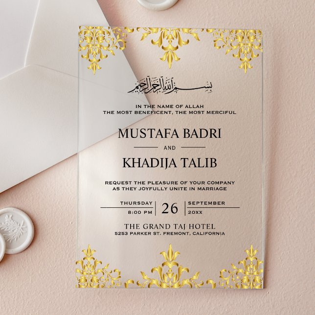 Invitations En Acrylique Elegant Gold Foil Damask Islamic Wedding (Créateur téléchargé)