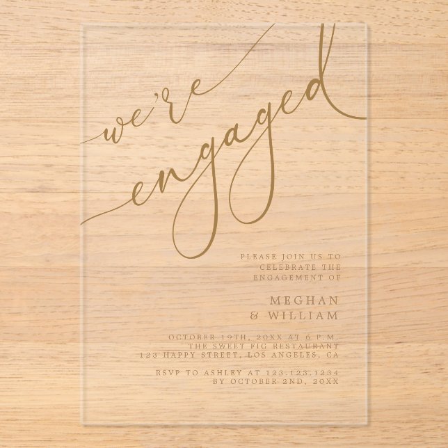 Invitations En Acrylique Élégant Gold Script Nous sommes engagés pour la pa (Recto)