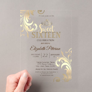 Invitations En Acrylique Elégant Gold Tiara Sweet Diamonds 16 Partie
