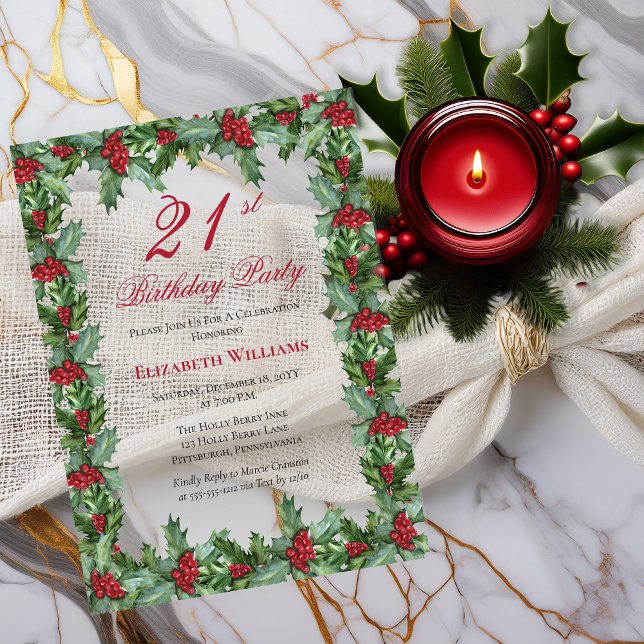 Invitations En Acrylique Elegant Holly | Berries Frame 21e fête d'anniversa (Elegant Holly and Berries Frame 21st Birthday Party Acrylic Invitations)
