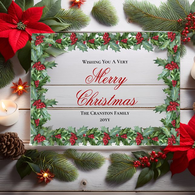 Invitations En Acrylique Elegant Holly et Berries cadre Noël (Elegant Holly and Berries Frame "Merry Christmas" Acrylic Business or Family Christmas Holiday Card )
