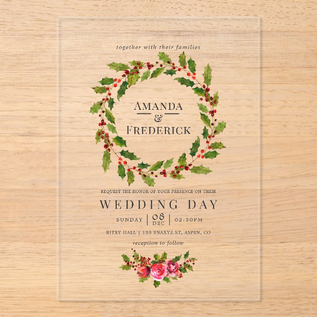 Invitations En Acrylique Élégant Holly Wreath Mariage de Noël (Recto)