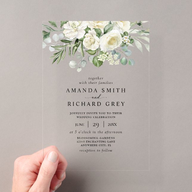Invitations En Acrylique Elégant ivoire floral & verdure Eucalyptus Mariage (In situ (ordinateur de poche))