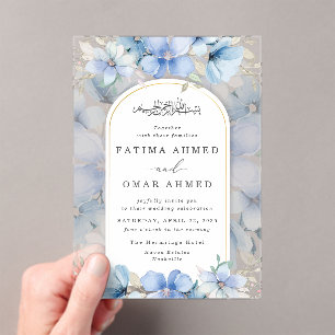 Invitations En Acrylique Elégant Jardin Floral Bleu Mariage musulman islami